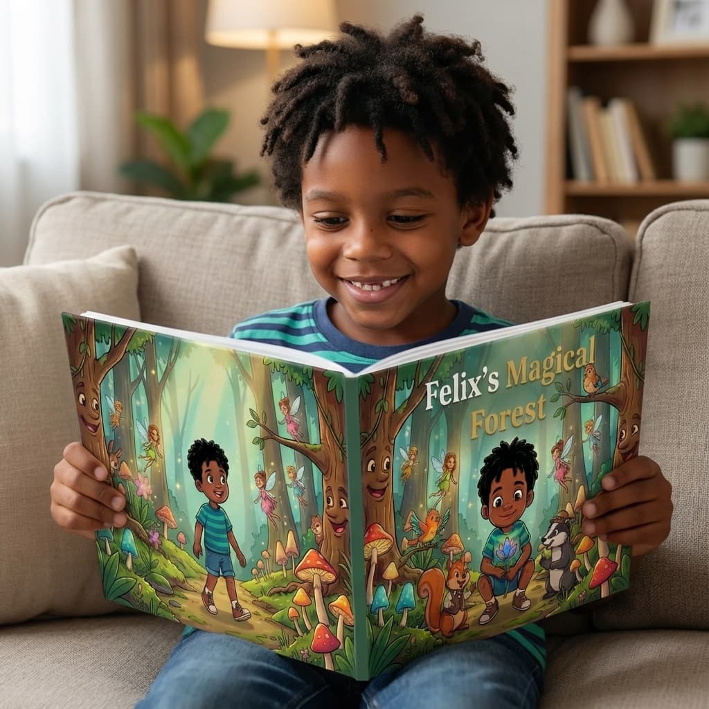 A child smiling while reading their own personalized Story House book
